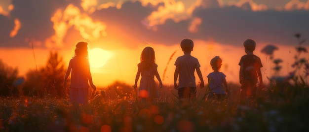 La silueta de verano de niños felices en la puesta de sol en el prado