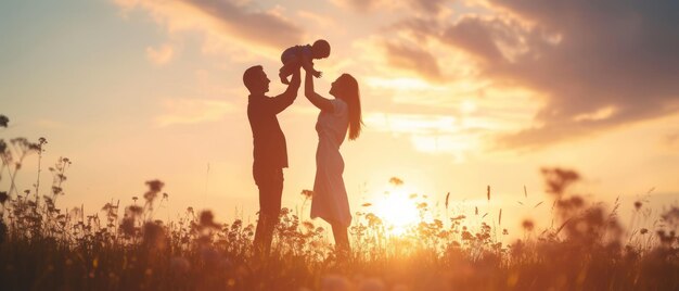 Silueta de vínculos familiares al atardecer en la serenidad de la naturaleza