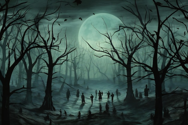 Silueta de zombies en el bosque por la noche con luna llena