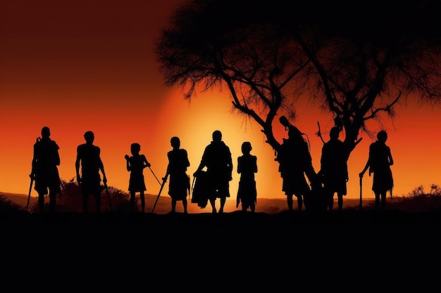 Siluetas de aborígenes africanos al atardecer IA generativa