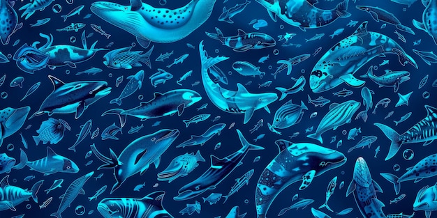 siluetas de animales marinos que forman un patrón sin costuras esquema de color monocromático azul