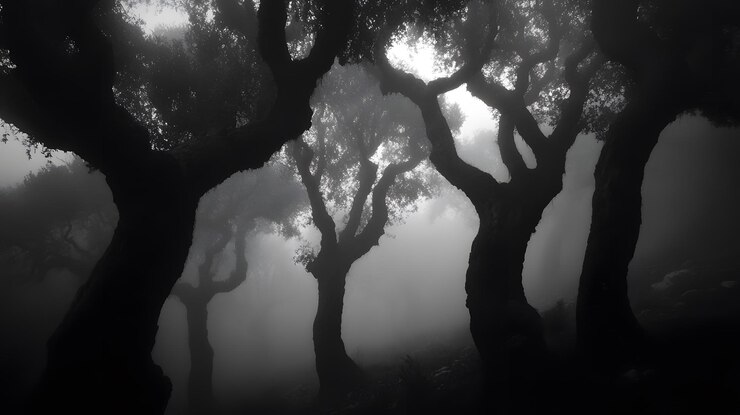 Siluetas de árboles en un bosque de niebla