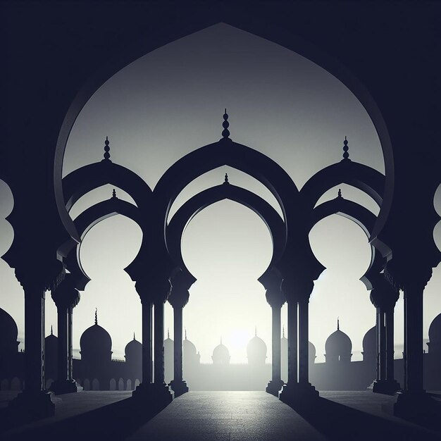 Siluetas de arcos islámicos en tono monocromático contra el cielo gradiente para una atmósfera serena