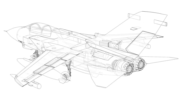 Siluetas de aviones de combate militares. Imagen de aviones en líneas de contorno. La estructura interna de la aeronave. Representación 3D.