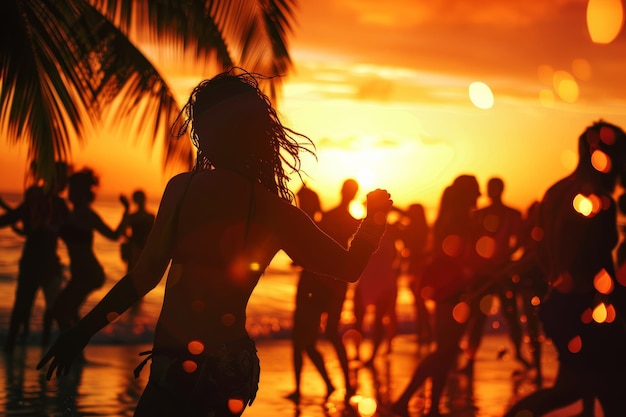 Las siluetas se balancean en una puesta de sol vibrante en una fiesta de baile en una playa tropical que personifica la alegría del verano