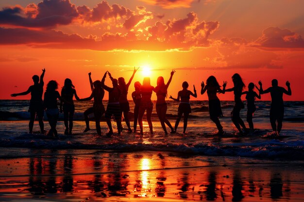 Las siluetas se balancean en una puesta de sol vibrante en una fiesta de baile en una playa tropical que personifica la alegría del verano