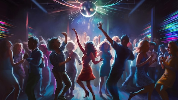 Siluetas borrosas de personas bailando en un club nocturno