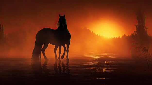 Siluetas de caballos árabes contra el amanecer en una densa niebla