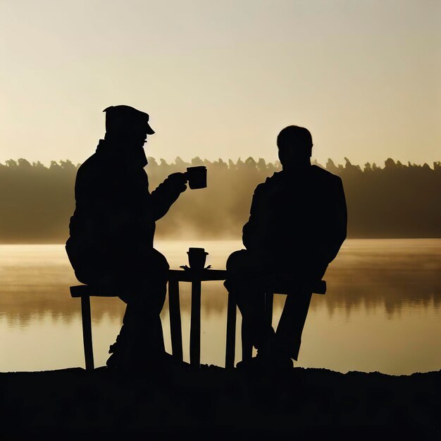 Siluetas de café matinal en el lago