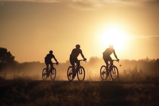 Siluetas de ciclistas profesionales en carretera al atardecer IA generativa