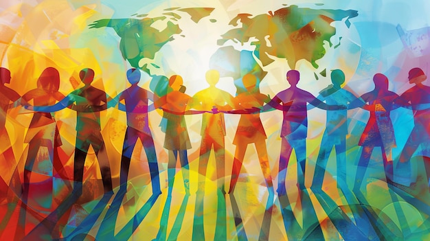 Foto siluetas coloridas de pessoas diversas de mãos dadas em torno de um mapa do mundo