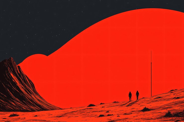 Las siluetas contra un cielo carmesí