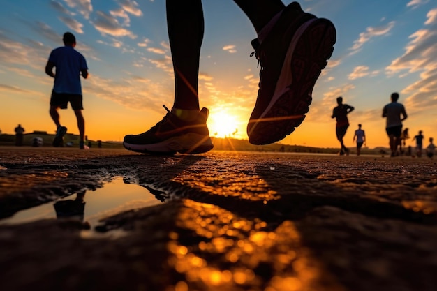 Siluetas de corredores entrenando al atardecer Actividades deportivas al aire libre IA generativa