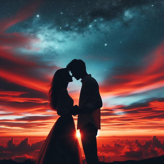 Siluetas de amantes contra um céu cativante um tema do Dia dos Namorados