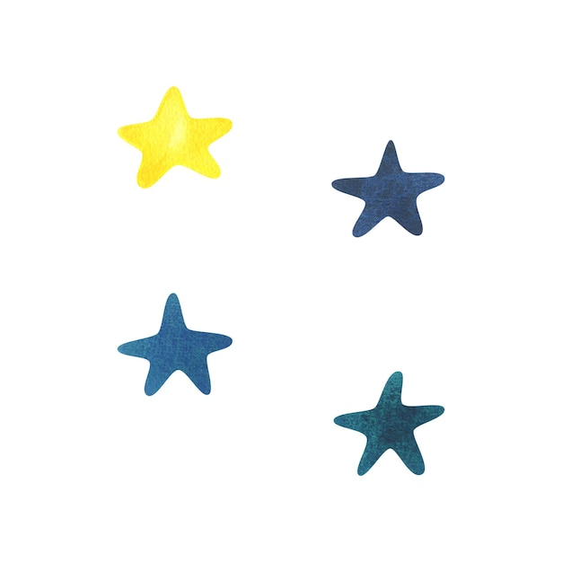 Siluetas de estrelas com textura de pintura azul-amarela e turquesa Ilustração em aquarela desenhada à mão em estilo infantil Conjunto de elementos isolados em fundo branco