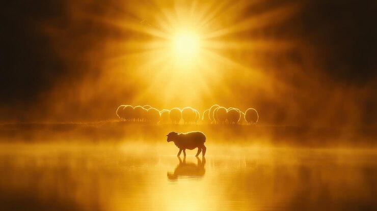 Foto siluetas de ovelhas em pôr-do-sol dourado com raios de luz e nevoeiro