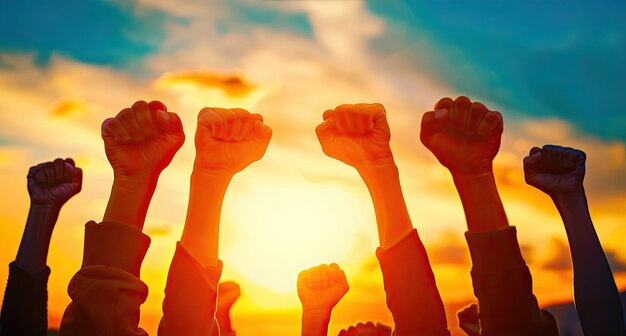 Siluetas de punhos erguidos contra o pôr-do-sol, encarnando a força do protesto e o espírito coletivo de solidariedade.