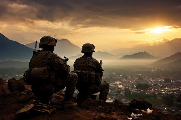 Foto siluetas de dos soldados armados sentados en una colina con vistas a una ciudad tranquila al atardecer