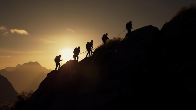 Foto las siluetas de los escaladores de la cima de la montaña ejemplifican el éxito que se puede lograr a través del trabajo en equipo