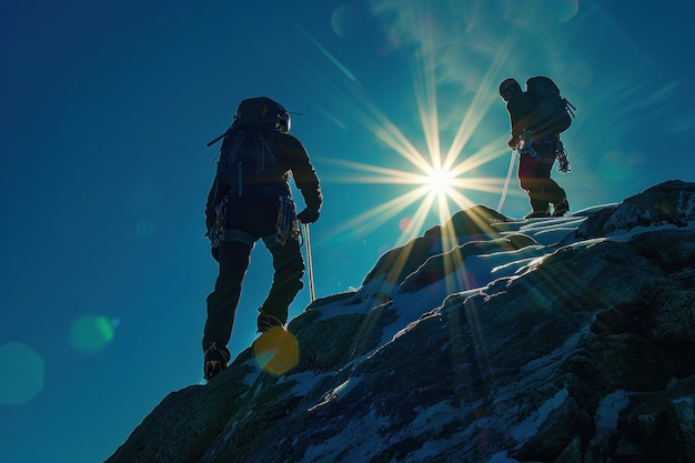 Siluetas de escaladores contra la deslumbrante luz del sol en la montaña Las siluetas de dos escaladores