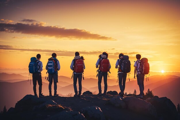 Foto siluetas de excursionistas en grupo personas con mochilas disfrutando de la vista del atardecer desde la cima de un concepto de viaje de montaña imagen filtrada vintage