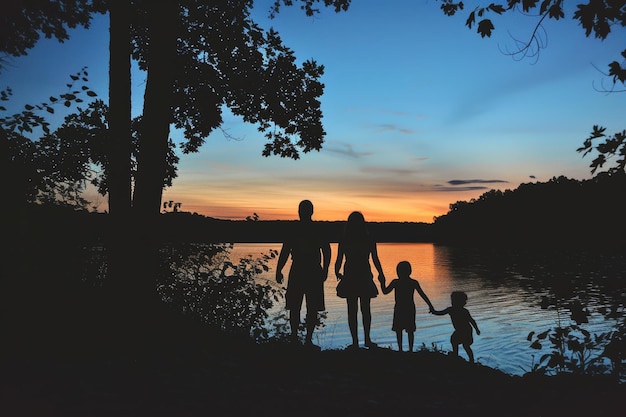 Siluetas de una familia en un viaje unidos bajo la puesta de sol