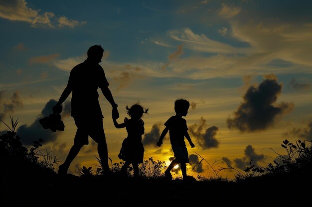 Siluetas de una familia en un viaje unidos bajo la puesta de sol