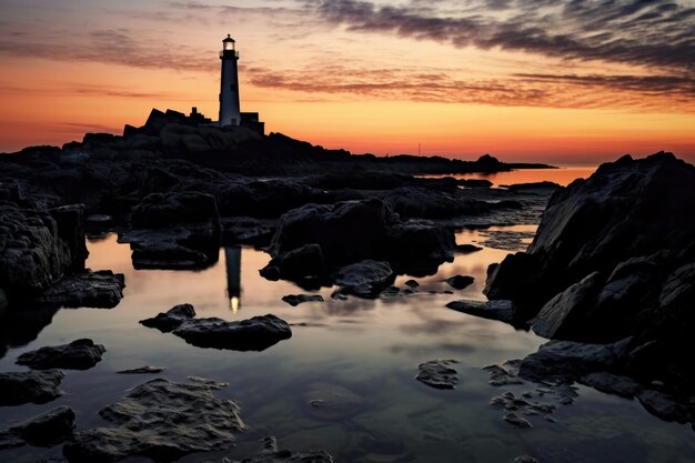 Las siluetas de faros y costas rocosas durante el crepúsculo creadas con IA generativa