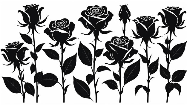 Siluetas de flores de rosa en negro Una ilustración vectorial