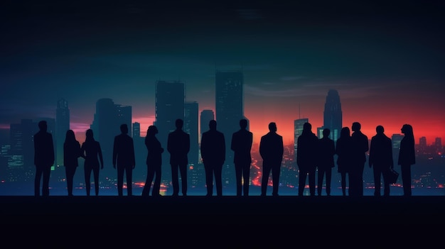Las siluetas de gente de negocios frente a un paisaje urbano por la noche IA generativa AIG21