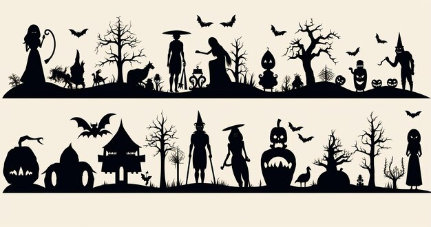 Foto siluetas de halloween conjunto vectorial en el estilo de encontrado