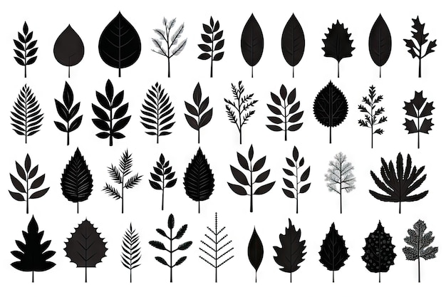 Siluetas de hojas de otoño Silueta de follaje Isolado Formas de hojas del árbol de otoño con abedul de roble de arce y otras hojas nórdicas Dibujo de icono de dibujos animados Imitación Abstracto Ilustración generativa de IA