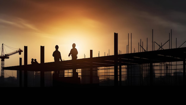 Siluetas de ingeniero y equipo de construcción trabajando al amanecer o al atardecer imagen generada por red neuronal