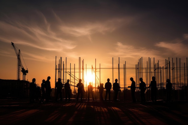 Siluetas de ingenieros en el sitio de construcción al atardecer IA generativa