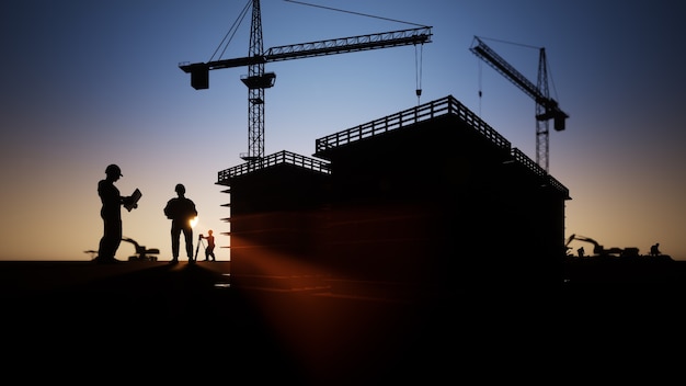 Siluetas de ingenieros y trabajadores de la construcción con grúas