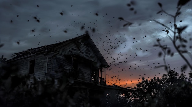 Foto las siluetas inquietantes del crepúsculo las termitas que consumen la fachada de la casa de madera