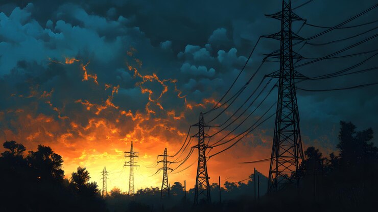 Las siluetas de las líneas eléctricas contra un cielo ardiente al atardecer