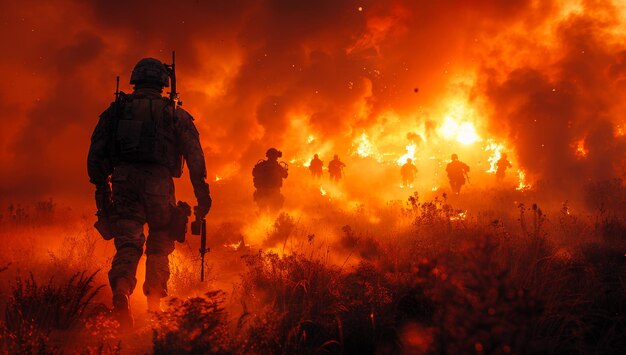 Foto siluetas militares de soldados en el humo y el fuego