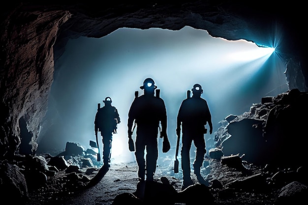 Siluetas de mineros en un casco con linternas en una cueva oscura exploración y trabajo geológico minería del carbón luz azul IA generativa