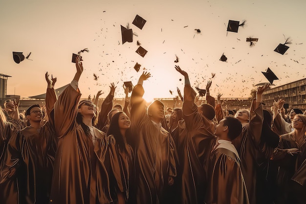 Siluetas de muchos estudiantes felices en vestidos lanzando morteros en el r