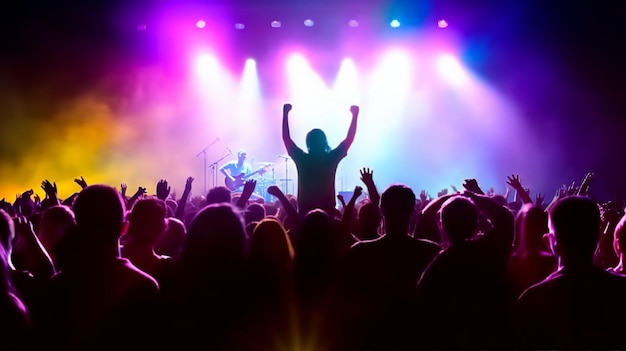 Siluetas de multitud de conciertos de rock frente a luces de escenario de colores brillantes