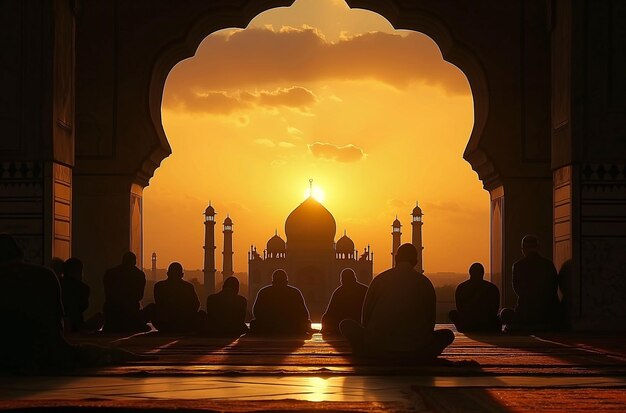 Foto siluetas de musulmanes orando al atardecer y la mezquita el concepto de religión es el islam