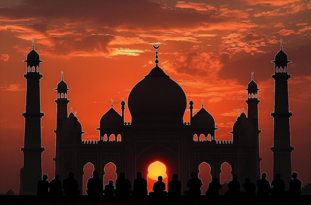 Siluetas de musulmanes orando al atardecer y la mezquita El concepto de religión es el islam
