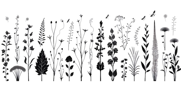 Siluetas negras de flores de hierba hierbas e insectos diversos aislados sobre un fondo blanco dibujos a mano de flores e insectos