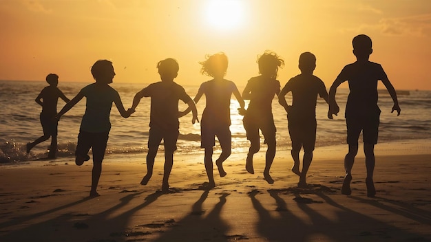 Siluetas de niños jugando al atardecer