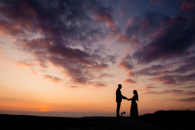 Siluetas de los novios, los recién casados se miran cogidos de la mano. Concepto de fotografía de boda. copia espacio