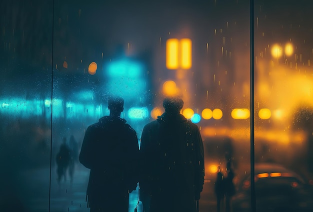Siluetas oscuras de personas llueven reflejos en el vidrio húmedo Calle de la ciudad nocturna iluminada por luz de neón Representación 3D IA generada