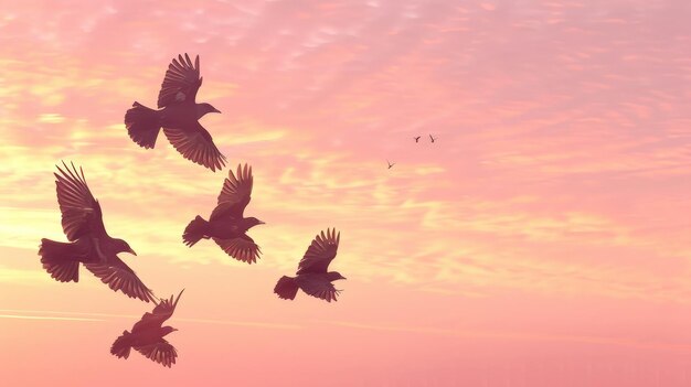 Siluetas de pájaros volando a través de un cielo matutino tranquilo con un fondo sutil de rosa y naranja