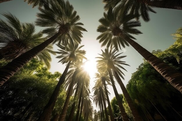 Siluetas de palmeras contra la vista inferior del cielo IA generativa