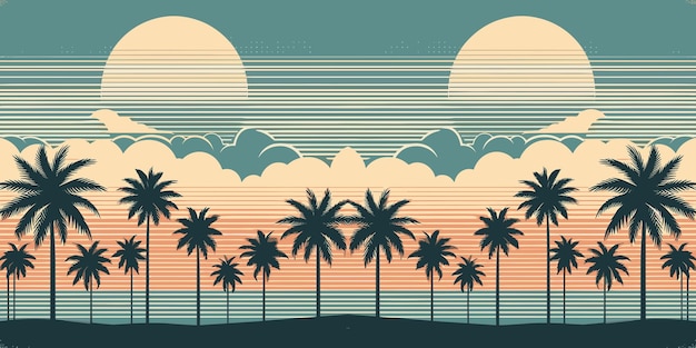 Siluetas de palmeras en el fondo del atardecer verano tropical Ilustración vectorial en estilo retro
